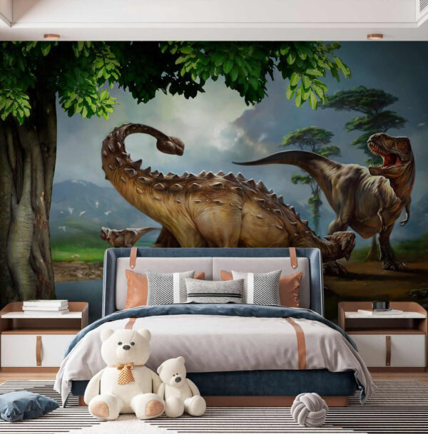 Schilderij van dinosaurussen bij een rivier Schilderij van dinosaurussen bij een rivier