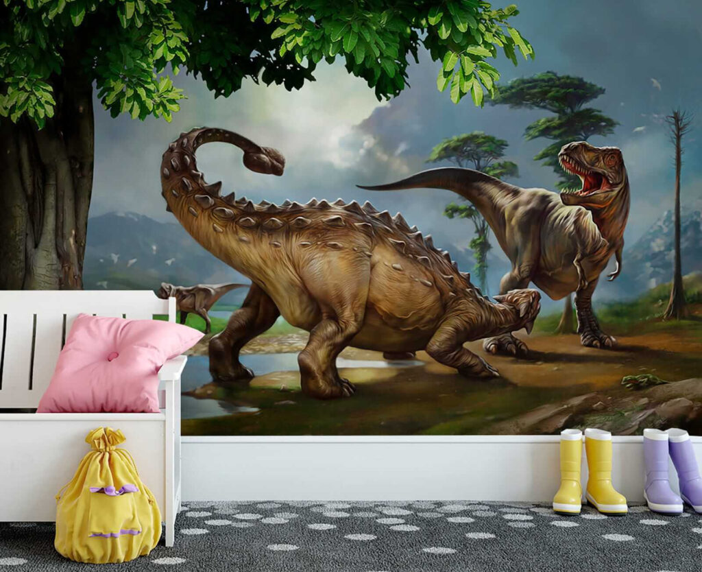 Painting of dinosaurs near a river Painting of dinosaurs near a river