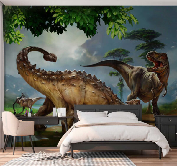 Schilderij van dinosaurussen bij een rivier Schilderij van dinosaurussen bij een rivier