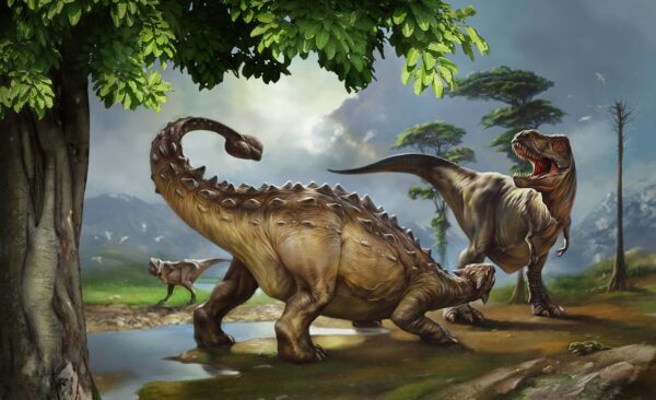 Schilderij van dinosaurussen bij een rivier Schilderij van dinosaurussen bij een rivier