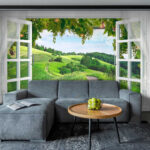 Zwart-wit schilderij van een persoon’s hoofd Fotobehang Raam met open deuren en een pad door een grasveld