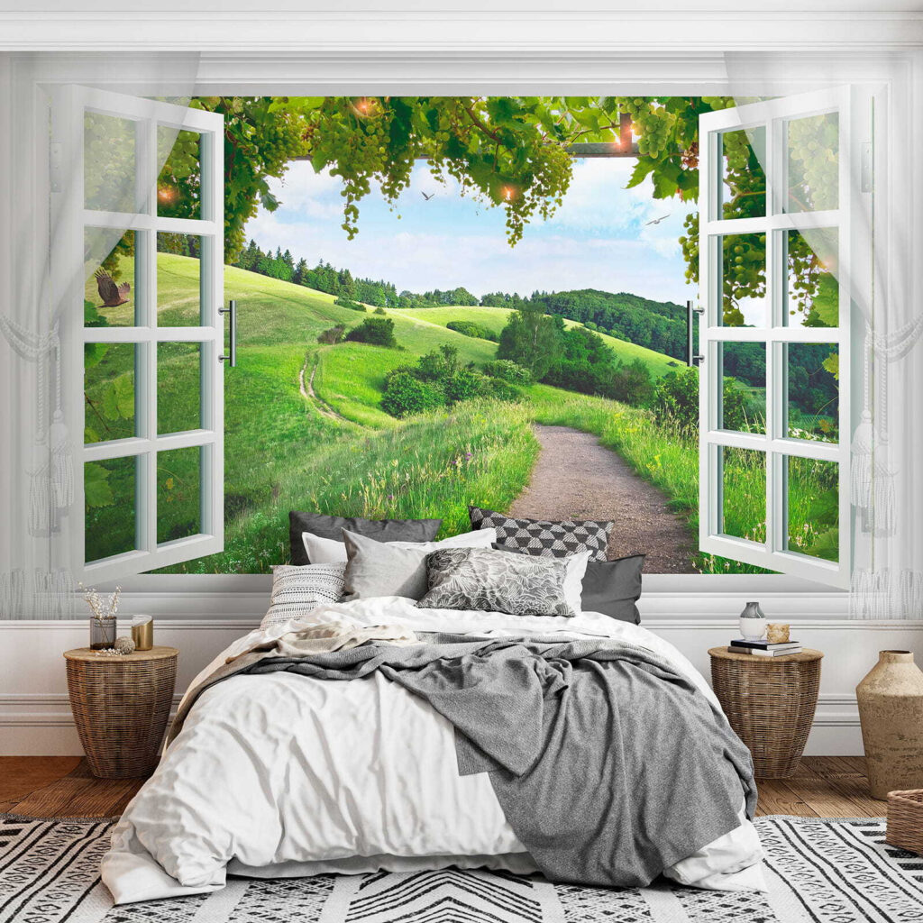 Window with open doors and a path through a grassy field Window with open doors and a path through a grassy field