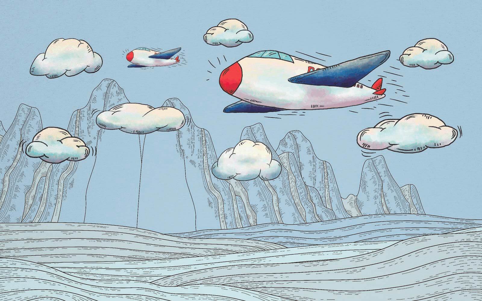 u28105p - Spotprent van vliegtuigen die over bergen vliegen - tegory