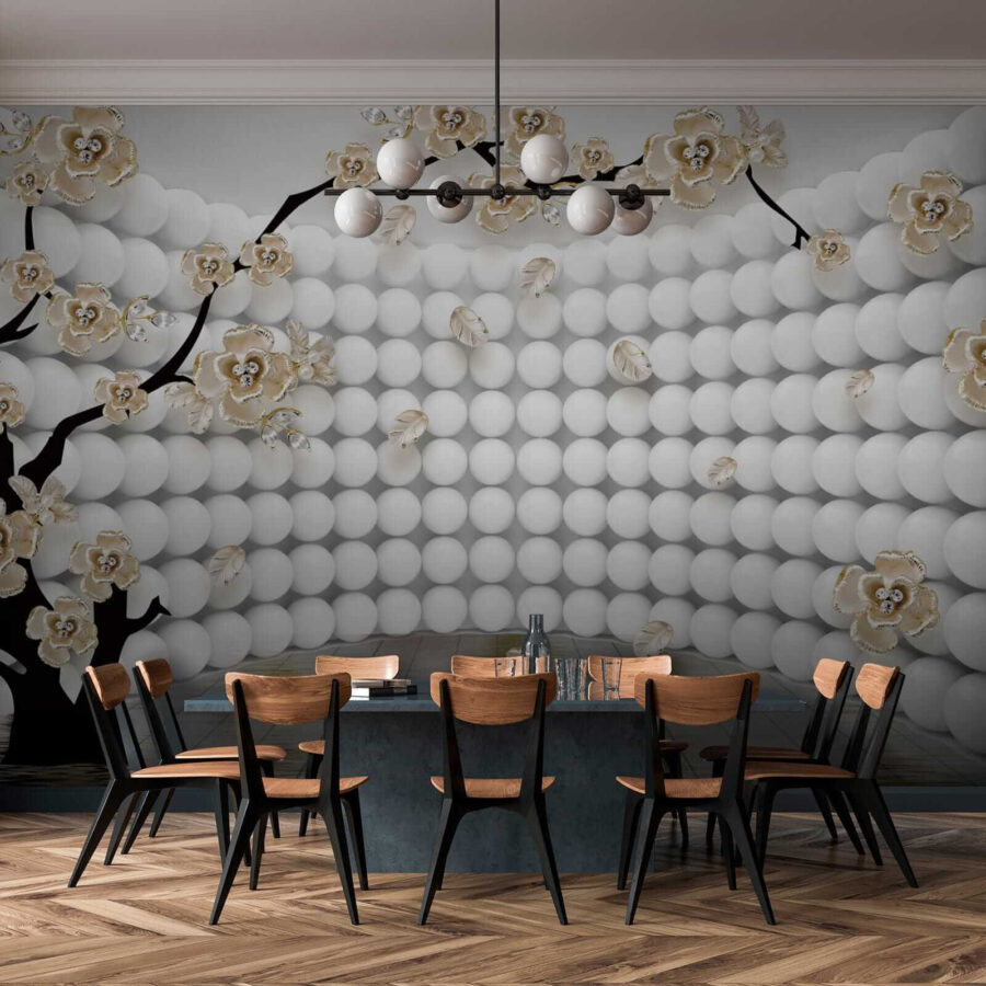 Kamer met witte ballonnen en bloemen