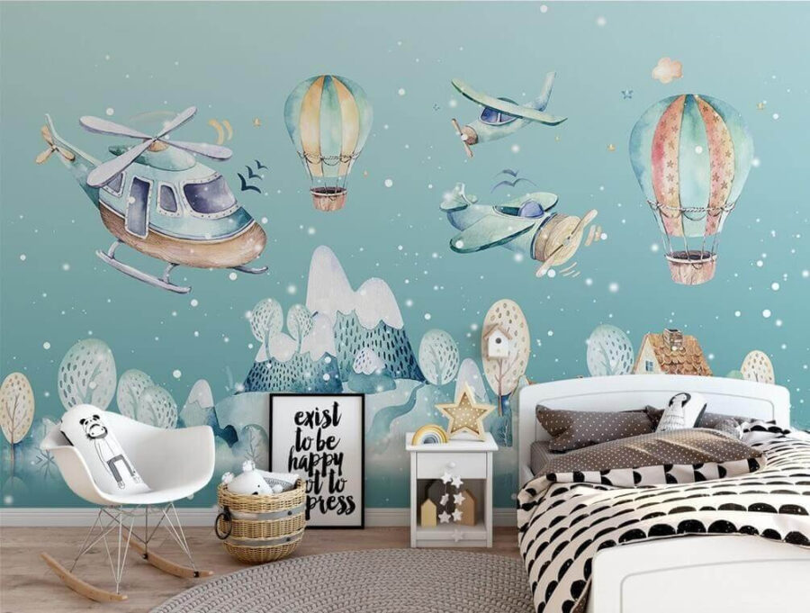 Aquarel illustratie van een helikopter en heteluchtballonnen
