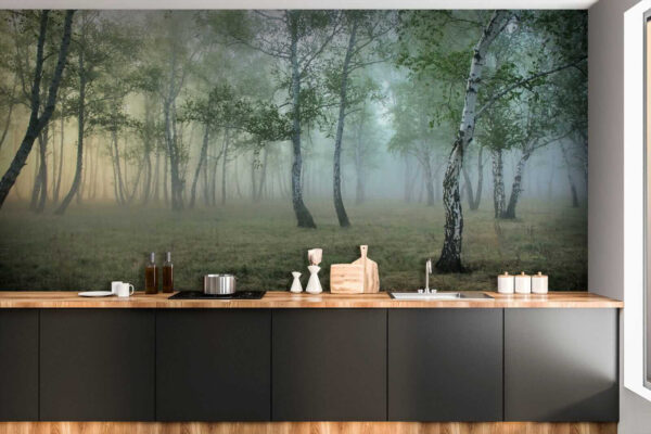 Mistig bos met bomen Mistig bos met bomen