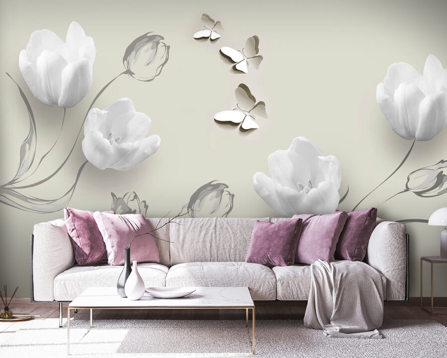 Witte bloemen en vlinders