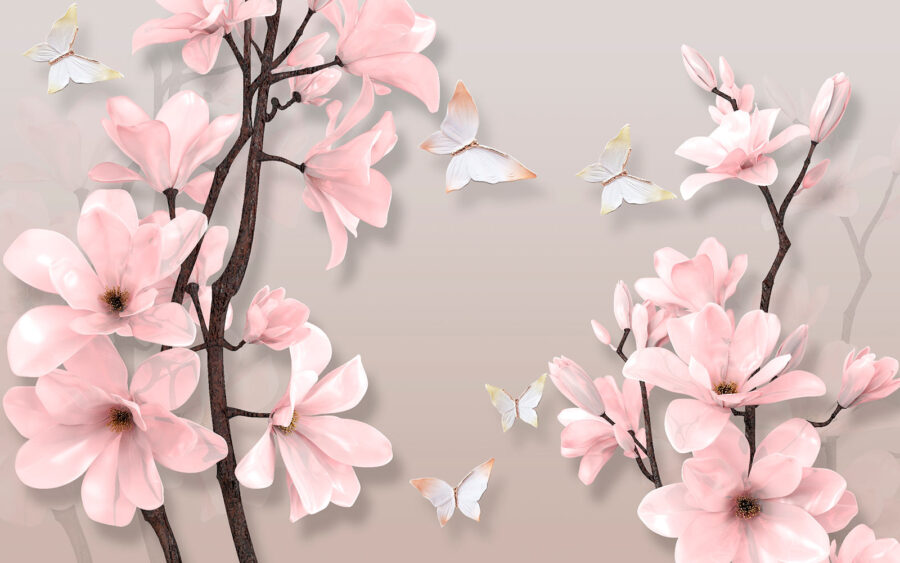 Roze bloemen en vlinders op een boom
