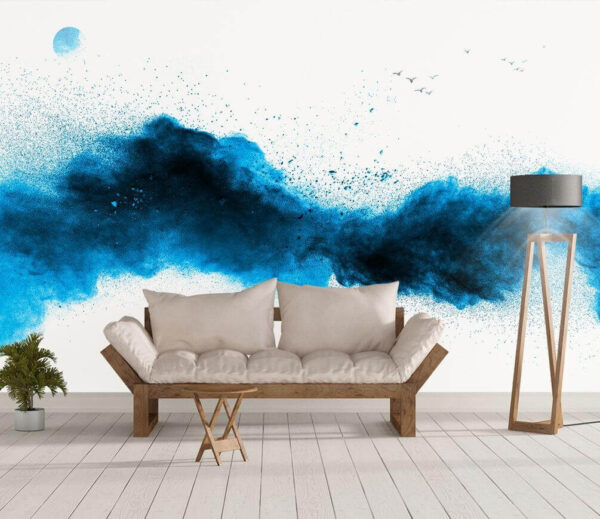 Blauwe poederexplosie op witte achtergrond Fotobehang Blauwe poederexplosie op witte achtergrond