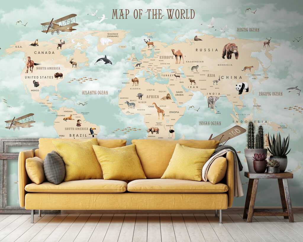 Map of the world with animals