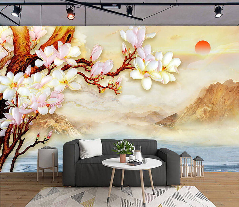 Schilderij van een tak met bloemen en bergen op de achtergrond u25029pig1m - Schilderij van een tak met bloemen en bergen op de achtergrond - tegory