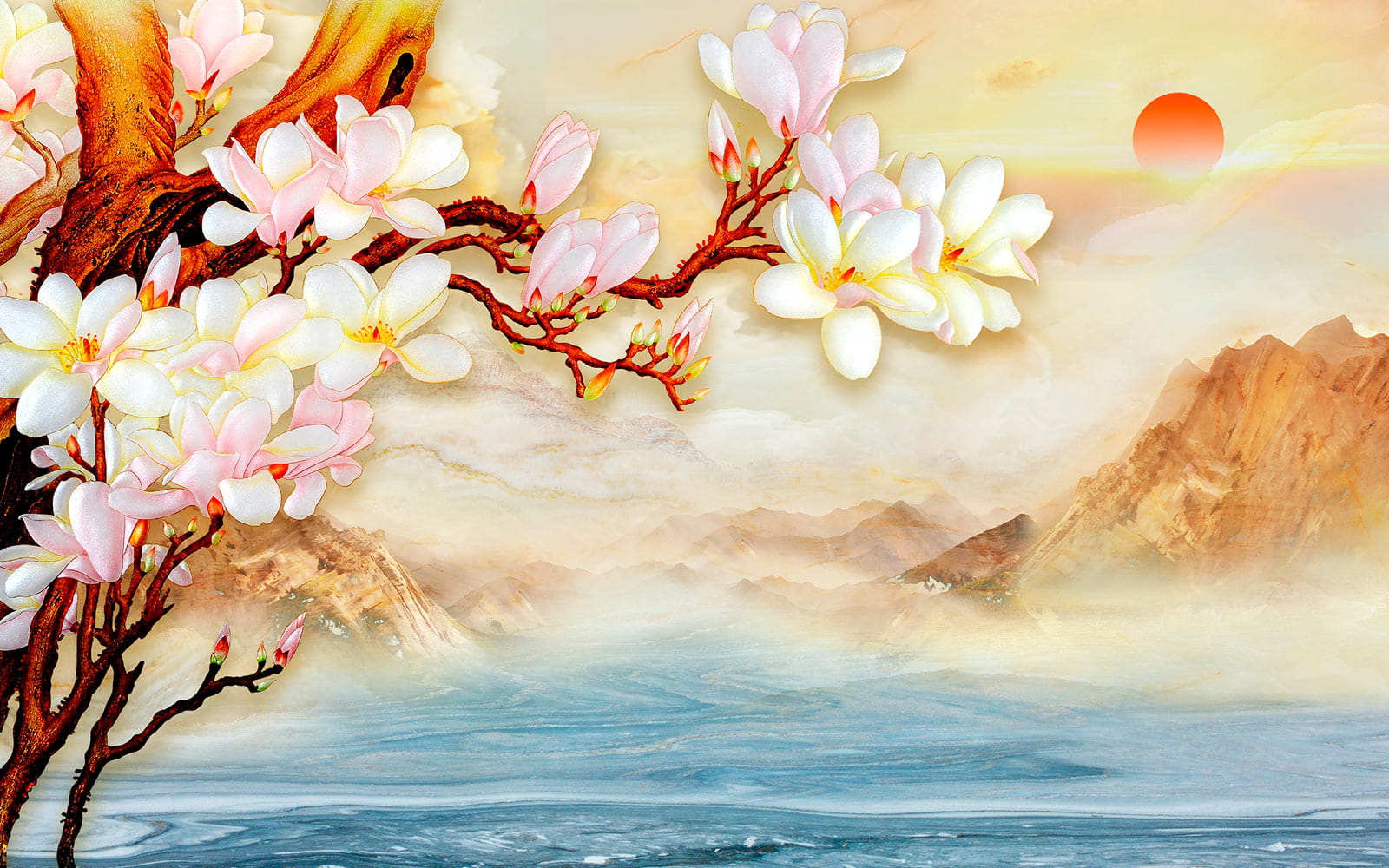 Schilderij van een tak met bloemen en bergen op de achtergrond u25029p - Schilderij van een tak met bloemen en bergen op de achtergrond - tegory