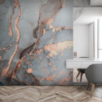 Fotobehang Etherisch blauw en koperen swirls