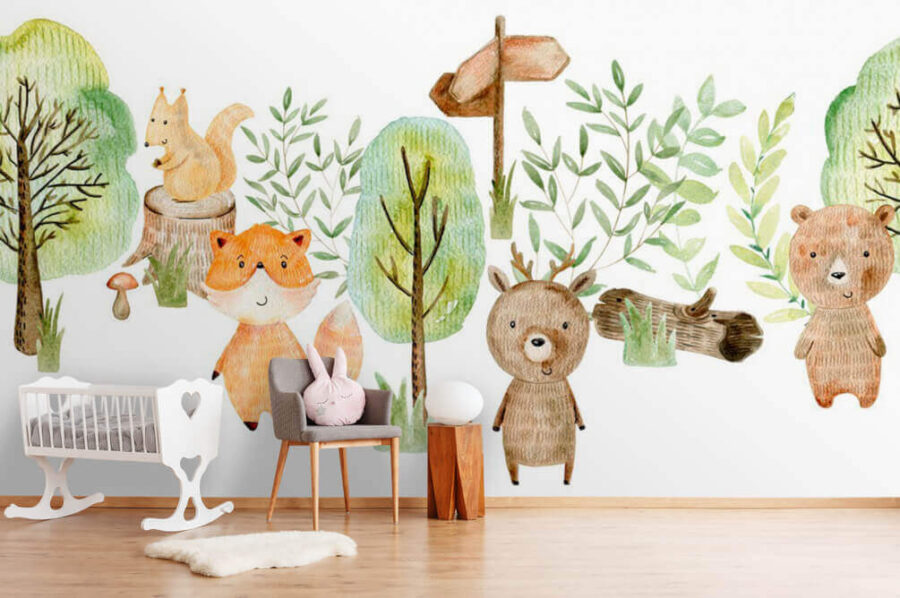 Aquarel illustratie van dieren en bomen Aquarel illustratie van dieren en bomen