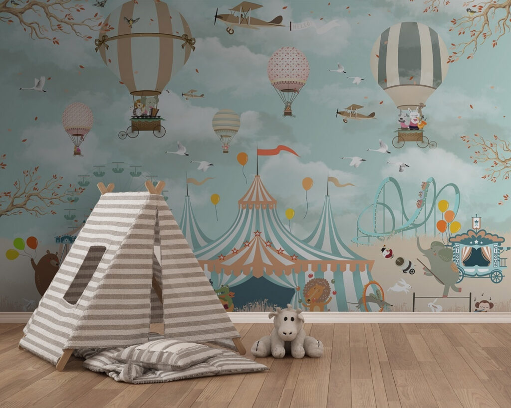 Circus tent with hot air balloons and birds Circus tent with hot air balloons and birds