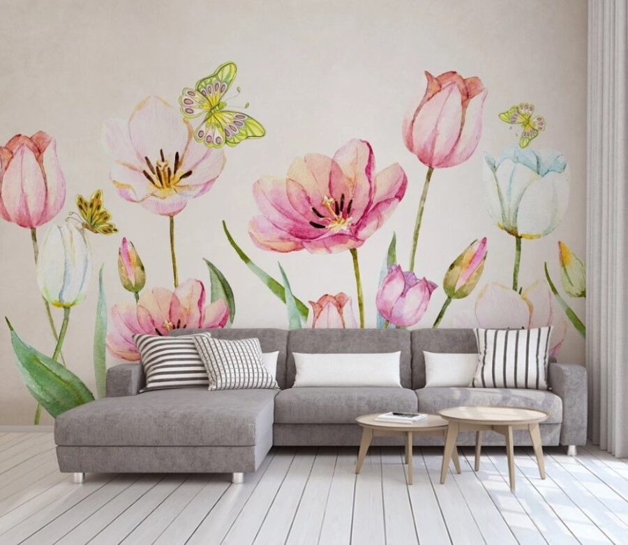 Schilderij van bloemen en vlinders