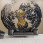 Fotobehang Metalen sculptuur van een vrouw met vleugels