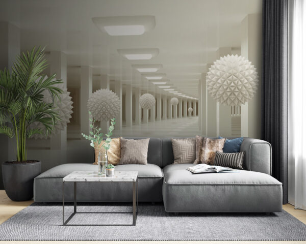 Witte kamer met witte ballen aan het plafond Witte kamer met witte ballen aan het plafond