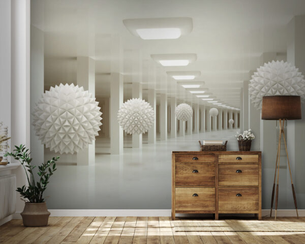 Witte kamer met witte ballen aan het plafond Witte kamer met witte ballen aan het plafond