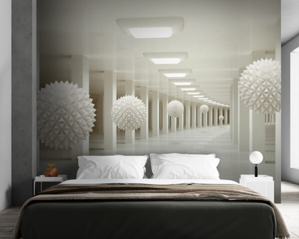 Witte kamer met witte ballen aan het plafond Witte kamer met witte ballen aan het plafond
