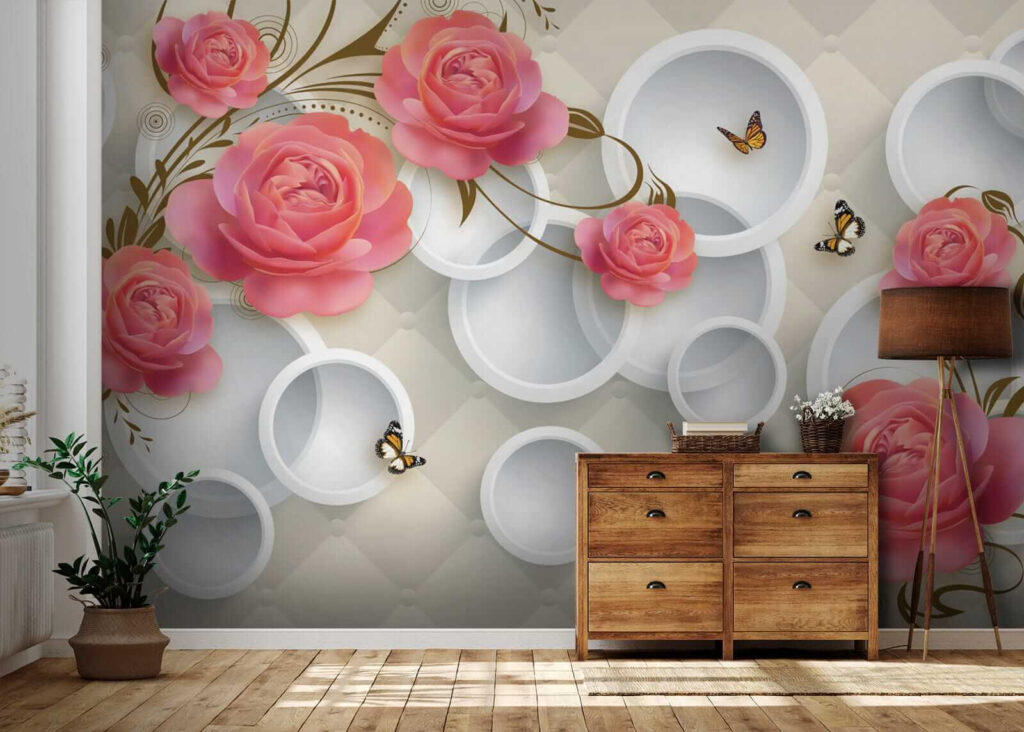 Wallpaper with roses and butterflies