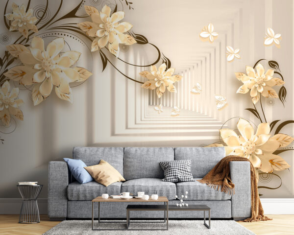 Behang met bloemen en vlinders Behang met bloemen en vlinders