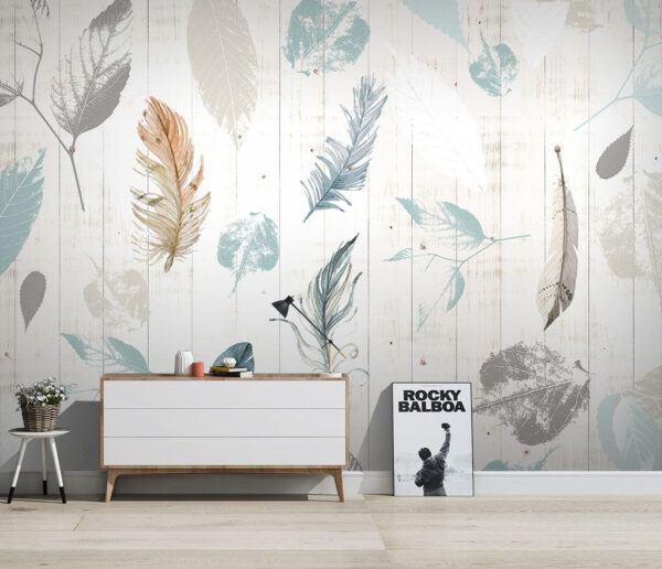Groep veren op een houten oppervlak Groep veren op een houten oppervlak