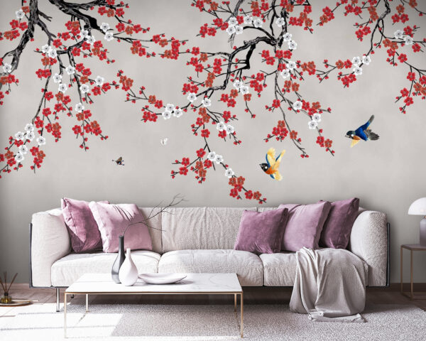 Boom met rode en witte bloemen Boom met rode en witte bloemen