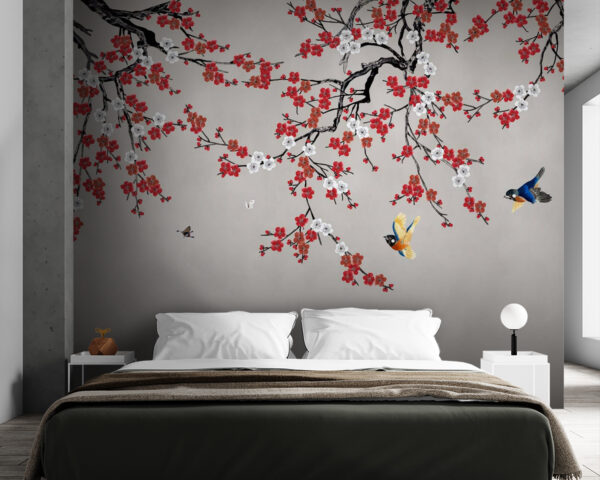 Boom met rode en witte bloemen Boom met rode en witte bloemen