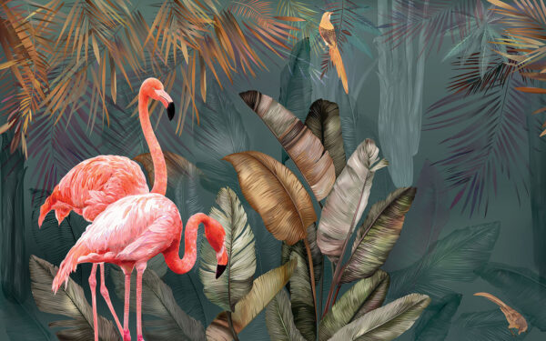 Roze flamingo's en een vogel in een bos Roze flamingo's en een vogel in een bos