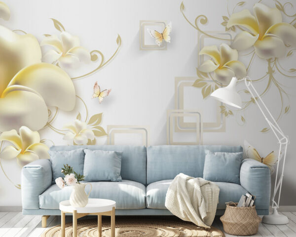 Behang met bloemen en vlinders Behang met bloemen en vlinders