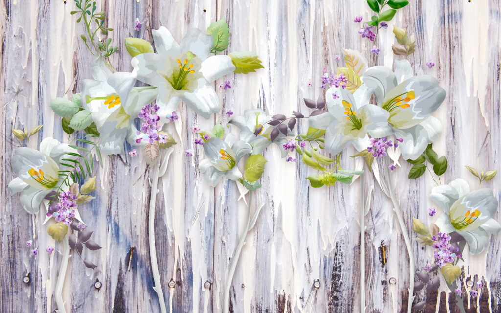 Groep witte bloemen op een houten oppervlak Groep witte bloemen op een houten oppervlak