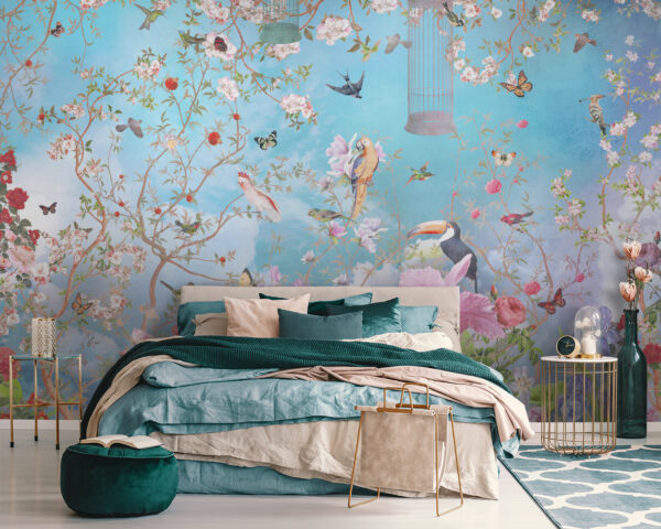 Behang met vogels en bloemen Behang met vogels en bloemen