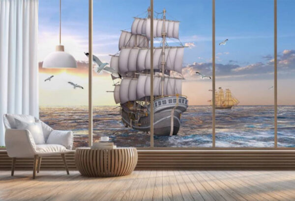 Schip in het water met vliegende vogels Schip in het water met vliegende vogels