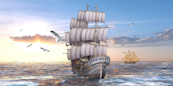 Schip in het water met vliegende vogels Schip in het water met vliegende vogels