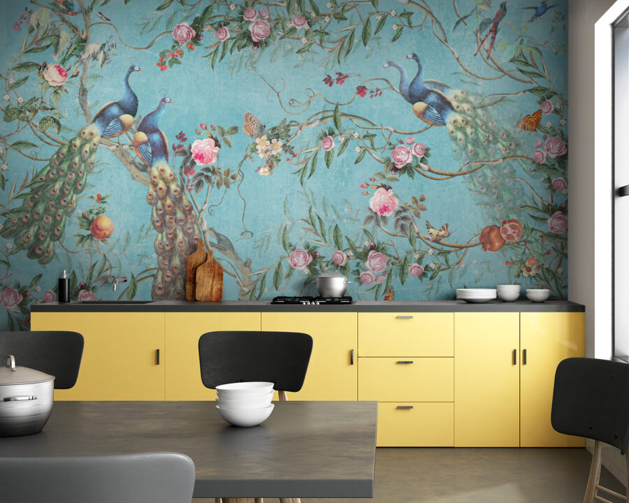 Een behang met vogels en bloemen