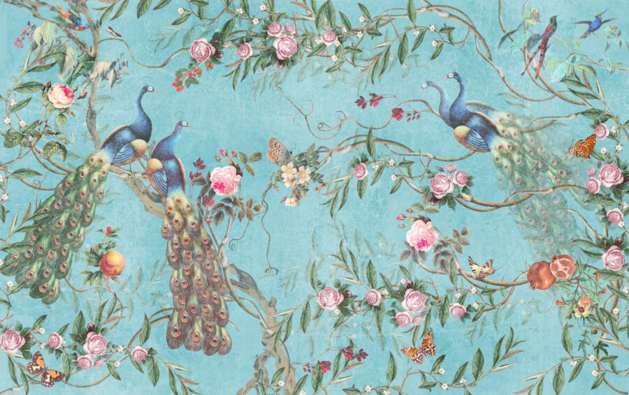 Een behang met vogels en bloemen