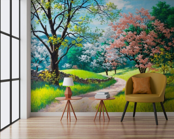 Fotobehang Fotobehang Zandweg door een grasveld met bomen (Artikelnummer: u12301)