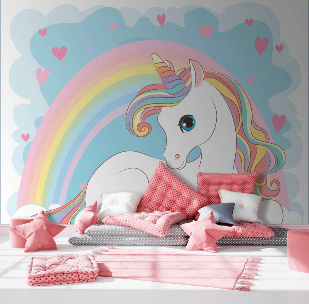 Unicorn sitting on a cloud with rainbow and hearts