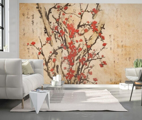 Schilderij van een boom met rode bloemen Schilderij van een boom met rode bloemen