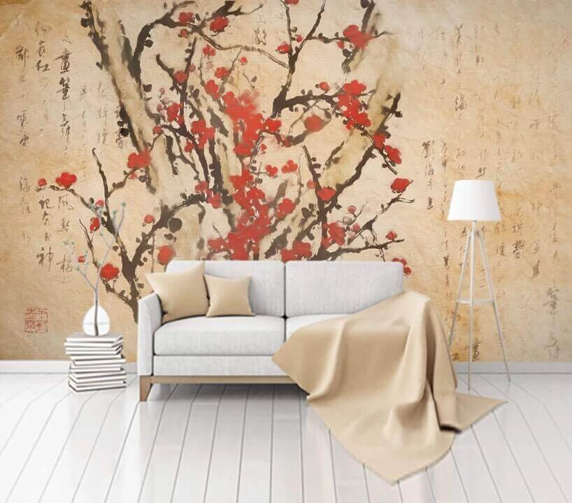 Schilderij van een boom met rode bloemen