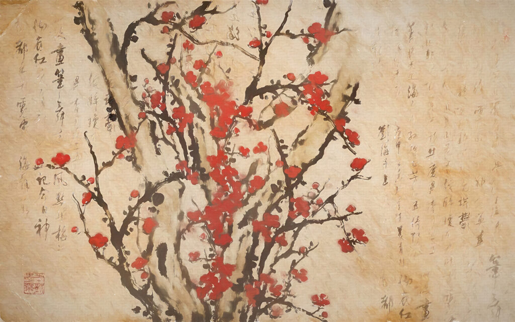 Schilderij van een boom met rode bloemen Schilderij van een boom met rode bloemen