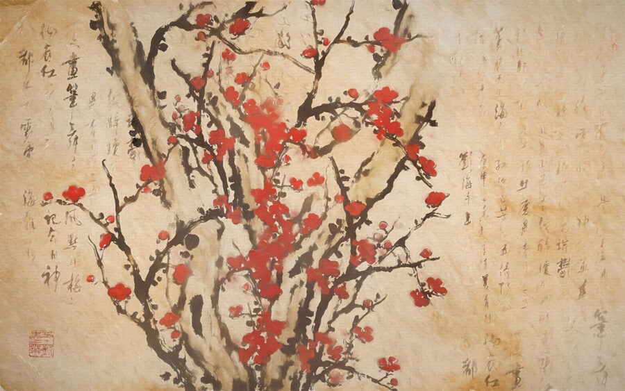 Schilderij van een boom met rode bloemen