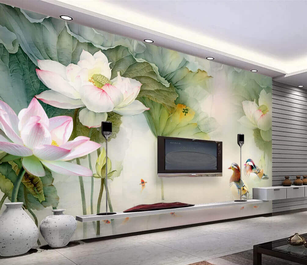 u10109pig1m - Schilderij van een eend zwemmend in een vijver met bloemen - tegory