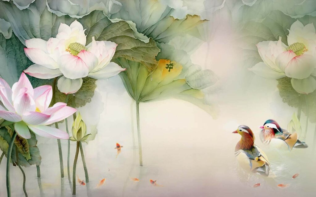 Schilderij van een eend zwemmend in een vijver met bloemen Schilderij van een eend zwemmend in een vijver met bloemen