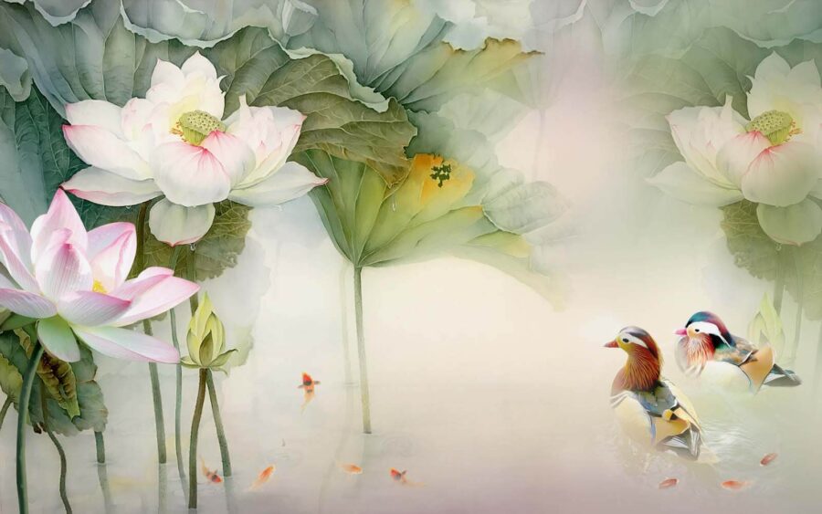 Schilderij van een eend zwemmend in een vijver met bloemen u10109p 900x563 - Schilderij van een eend zwemmend in een vijver met bloemen - tegory