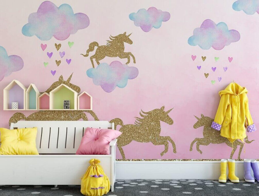 Eenhoorns en wolken met hartjes en hartjes
