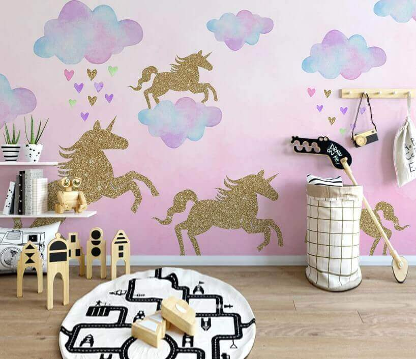 Eenhoorns en wolken met hartjes en hartjes