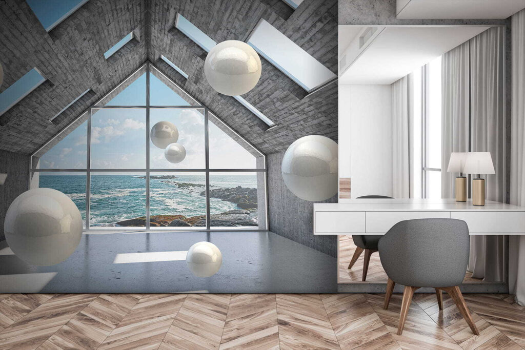 Room with white balls floating in the air Room with white balls floating in the air