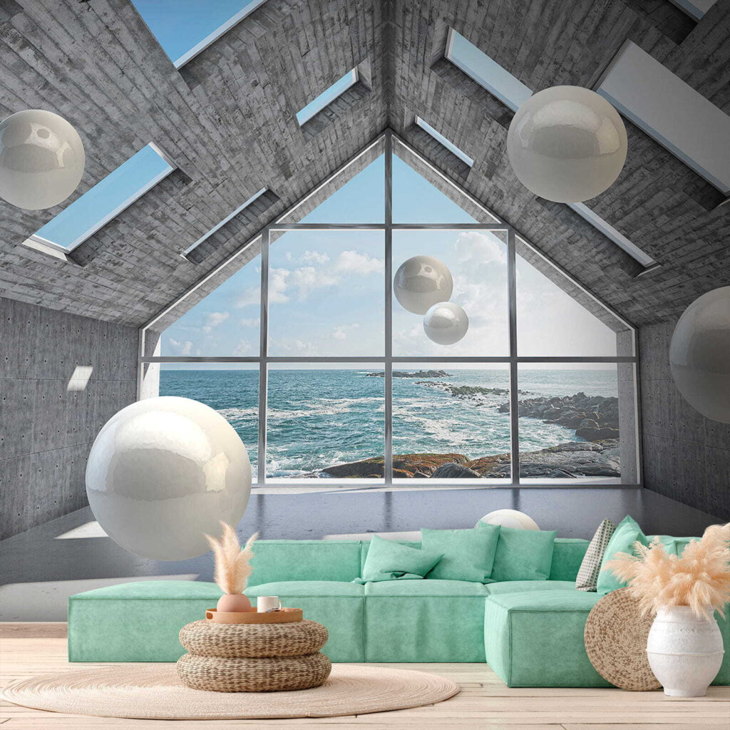 Room with white balls floating in the air Room with white balls floating in the air